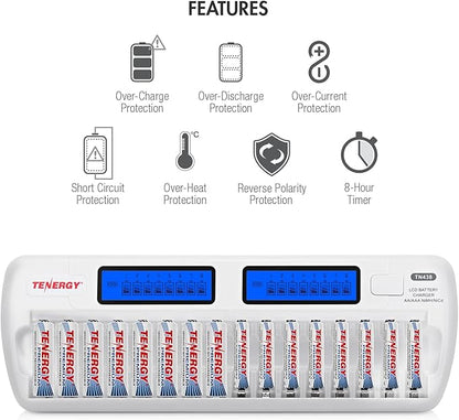 Tenergy TN438 16 Bay Battery Charger for AAA and AA Rechargeable Batteries, AA/AAA NiMH/NiCd Rechargeable Batteries Charger with AC Wall Adapter and Car Adapter