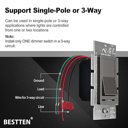 BESTTEN Matte Brown Dimmer Wall Light Switch, Single Pole or 3-Way, Compatible with Dimmable LED, CFL, Incandescent and Halogen Bulb, 120VAC, UL/cUL Listed