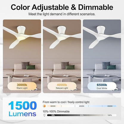 ocioc 52 inch Ceiling Fans with Lights and Remote, Dimmable Ceiling Fans with Reversible Quiet DC Motor, Flush Mount, 3CCT, White Ceiling Fan for Bedroom Living Room Indoor/Outdoor