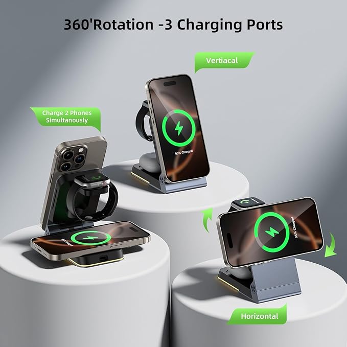 Aluminum 3 in 1 Wireless Charging Station,Foldable Wireless Charger for Apple Magsafe with Light,Portable Travel Magnetic Charger Stand for iPhone 16/15/14,Watch,Airpod, Include PD 20W Adapter & Case