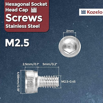Kozelo 100pcs Socket Head Cap Screws - [M2.5-0.45 x 5mm] 304 Stainless Steel Allen Socket Drive for Electrical Motor 3D Printing Fan Engine Replacement Use, Silver