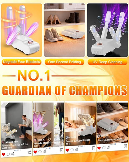 5.0 Upgraded Boot Shoe Dryer【500W German Super Motor】【Dual-Tech 118°F Constant Temp & 360° Circulating Hot Air】4 Adjustable Brackets, U-V Deep Cleaning