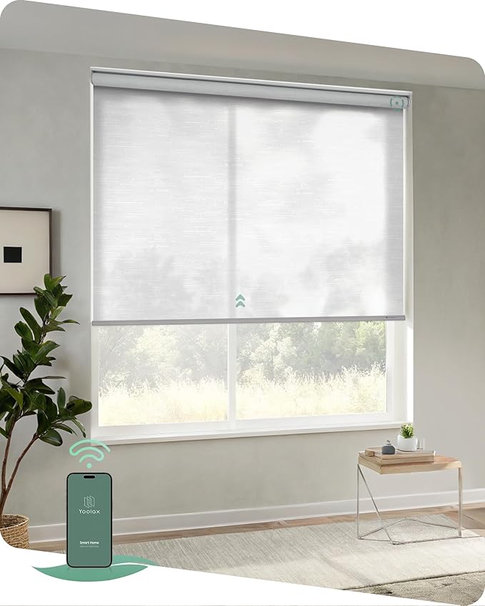 Yoolax Motorized Blinds App Control, Light Filtering Motorized Shades for Windows, Cordless Automatic Roller Shades for Bedroom Living Room Office(Light Filtering Jacquard White, 48" W x 72" H)