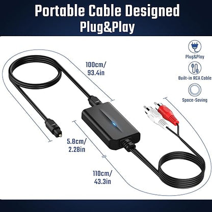 192kHz DAC Digital to Analog Audio Converter 7ft/2.1m Digital Audio Optical to RCA Cable SPDIF to RCA Converter with Built-in Audio Amplifier Chipset for HDTV, DVD, Blu-Ray Players