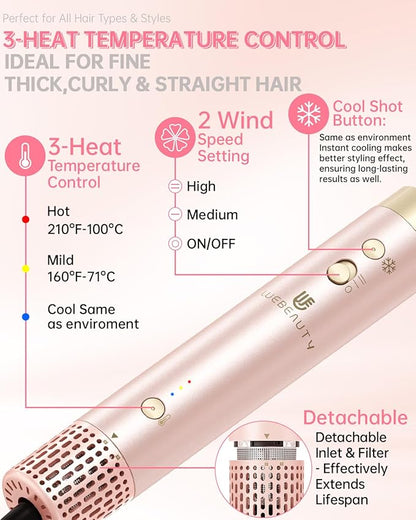 Hair Dryer Brush 8-in-1 Dual Voltage Hot Air Styler – Fast-Drying 110,000 RPM Ionic Blow Dryer with Straightener & Curler Attachments, Frizz-Free Volumizing Styler with Protective Hard Case-Pink