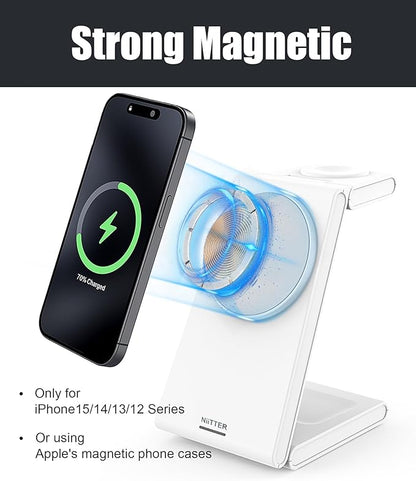 3 in 1 Wireless Charging Station, Magnetic Foldable Wireless Charger, Fast Travel Charger Stand for iPhone 16/15/14/13/12/Apple Watch/Airpods(20W PD Adapter Included)