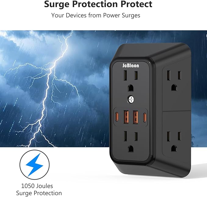 USB Wall Charger Power Strip Surge Protector with 4 USB Ports (2 USB C) Plug Extension Multiple Outlets Plug Extension Multi Outlet Plug in Adapter Spaced Outlets for Home Office Travel,White (Black)