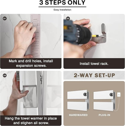 K&KALONZO Electric Towel Warmer, 18.35" W x 14.6" H Wall-Mounted Towel Heater with Built-in Timer, Waterproof Aluminum Towel Warmer for Bathroom, Support Plug-in and Hardwired, White, K2-R-W