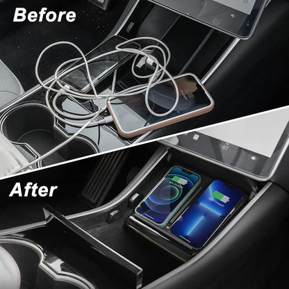 TAPTES Wireless Charger for Tesla Model 3 2017 2018 2019 2020, Dual Phone Charging Pad for Tesla Model 3 Accessories, Car Center Console Interior, Compatible with iPhone & Smartphones, Black