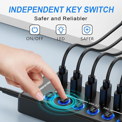Powered USB Hub, MENKSID 11-Port USB Hub, 7 USB 3.2 Data Transfer Ports + 4 Smart Charging Ports, Independent Switch (with LED Power Indicator), USB 3.2 Hub Powered with Power Adapter for Mac, PC