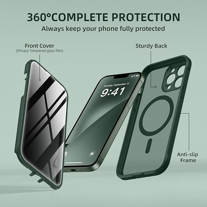 BERFY Magnetic for iPhone 13 Pro Max Case, Compatible with MagSafe, Built-in Privacy Screen Protector and Upgraded Camera Protection, Anti-Spy Full Body Shockproof Phone Case for 13 Pro Max 6.7",Green