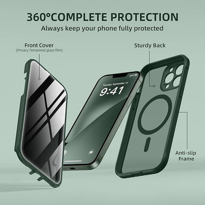 BERFY Magnetic for iPhone 13 Pro Max Case, Compatible with MagSafe, Built-in Privacy Screen Protector and Upgraded Camera Protection, Anti-Spy Full Body Shockproof Phone Case for 13 Pro Max 6.7",Green