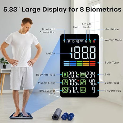 GE Smart Scale for Body Weight, BMI, Fat, Muscle Mass, Digital Bathroom Scales 500lbs Bluetooth 11.8" Large Platform Weighing Machine Health Monitor with App, Blue Button Control