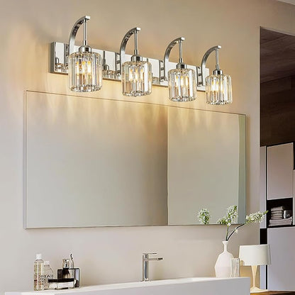 FDPBY 4-Light Crystal Vanity Light, Modern Chrome Bathroom Wall Sconce with K9 Crystal Shades, 32.67" Long Over Mirror Lighting for Vanity, Makeup, Hallway, Elegant & Easy Install
