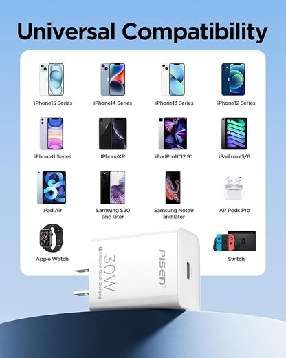 PISEN 30W USB C Charger - USB C Fast Charger Block, PD3.0 Wall Charger with 4FT Type C to L Cable, 30W Power Adapter for iPhone 16/15/14/13/12/11/XR/XS/X Series, iPad