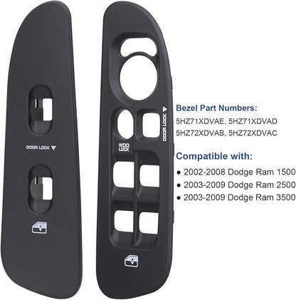 Obaee Driver & Passenger Door Window Control Switch Panel Bezel Compatible with 2002-2009 Dodge Ram 1500 2500 3500 Front Right & Left Window Button Border Trim, Black