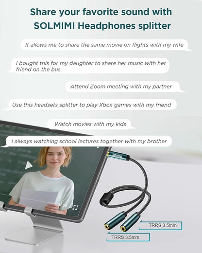 SOLMIMI Headphone Splitter (4 Feet) 3.5mm TRRS Male to Two TRRS Female Adapter Compatible with 2 Audio and Microphone Headsets to PC, Laptop, Android, Windows, Smartphones