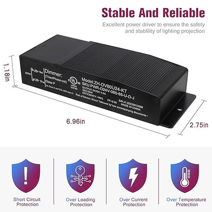 EMITEVER Dimmable LED Driver,60W 24V Triac Power Supply, AC to DC LED Transformer for LED Light,Compatible with Lutron and Leviton Dimmer,Waterproof IP67 and UL Listed,Class 2,Class P