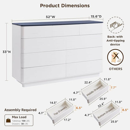 JXQTLINGMU 9 Drawer Dresser for Bedroom, 52" Wide Modern Wood Dressers with Push-to-Open Drawers for Closet Storage, Chest of Drawers TV Stand for Living Room & Hallway, Curved Profile, White Oak