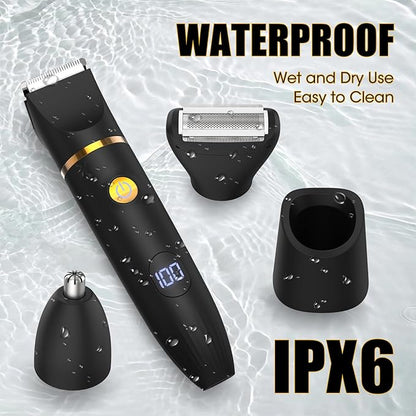 Qreeyx Manscape Body Trimmer for Men, 3 in 1 Men's Grooming Kit with Pubic/Nose Hair Trimmer & Ball Shaver for Nose/Balls/Groin/Legs/Chest Hair Removal, LED Display, IPX6 Waterproof, Gifts for Him Dad