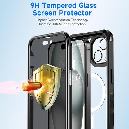 seacosmo for iPhone 15 Plus Case, Full Body Bumper with Built-in 9H Tempered Glass Privacy Screen Protector and Camera Lens Protector, Compatible with MagSafe, Shockproof Phone Cover, 6.7", Black