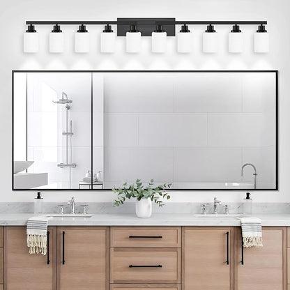 DIKAIDA 10 Light Bathroom Vanity Lights Over Mirror, 65.4 inch Black Vanity Lights Fixtures with White Glass Shades Matte Black Modern Vanity Lights Black Bathroom Wall Lighting for Mirror Bedroom