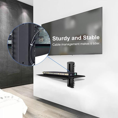suptek Glass Floating Shelf, 1 Tier Media Shelf for TV Accessories, Flat Black Wall Mount Bracket, 17.6lbs Weight Capacity, Quick Installation, Cable Management, Custom Style, Backless