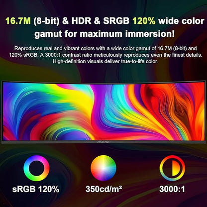 Amzfast 49 Inch Curved Monitor 120Hz DQHD 5120x1440p Ultrawide Gaming Monitor, 120% sRGB, 1500R, 1ms MPRT, HDR, Adaptive Sync, PIP/PBP, Height Adjustable, HDMI 2.0/DP 1.4, VESA 75x75, AMZG49C7U