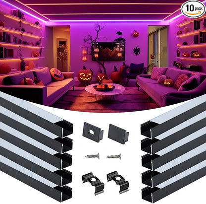 Muzata 10Pack 3.3FT/1M Plus-Size Spotless LED Channel Black LED Strip Diffuser Channel with Milky Frosted White Diffuser Cover U103 BW 1M