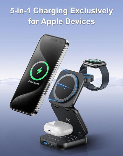 5-in-1 Wireless Charger for MagSafe, AC ISLAND Portable Travel Charging Station, 15W Max Fast Foldable Magnetic Stand, Evolved for iPhone 16/15/14/13 Series, Apple Watch, AirPods (with 35W Adapter)