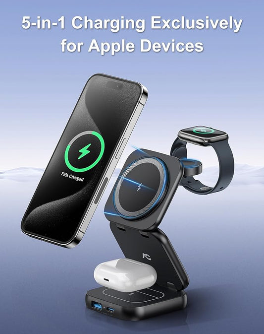 5-in-1 Wireless Charger for MagSafe, AC ISLAND Portable Travel Charging Station, 15W Max Fast Foldable Magnetic Stand, Evolved for iPhone 16/15/14/13 Series, Apple Watch, AirPods (with 35W Adapter)
