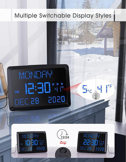 11.5" Large Display Digital Calendar Clock for Seniors, Digital Clock with Date and Day of Week for Elderly, 3 Alarms, 5 Dimmer, Temperature, Alarm Clock for Bedroom Living Room