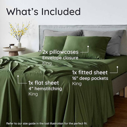 Bambaw 100% Viscose Derived from Bamboo Sheets King Size Set – 4pcs Cooling Deep Pocket King Sheet Set, Fits Up to 16'' with Elastic Corner Straps, Super Soft Sheets, Luxury Bedding (Olive)