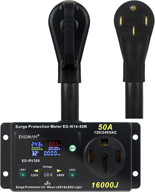 50 Amp RV Surge Protector with kWh Energy Monitor - 16,000 Joules Lightning Protection - Digital Power Meter Display (Volts, Amps, Watts, Temp) for Motorhome (NEMA 14-50P)