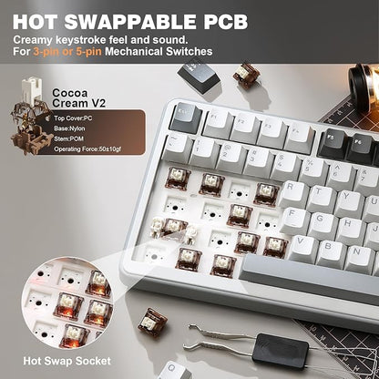 YUNZII B75 PRO Wireless Mechanical Keyboard,75% Layout with Knob,Hot Swap Gasket Custom Structure,Creamy Pre-lubed Switches,RGB Backlit,Bluetooth/Type-C/2.4G for Win/Mac(Cocoa Cream V2 Switch,Grey)