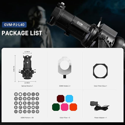 GVM Conical Optical Snoot Kit, Spotlight Snoot Photography with 40° Projection Lens, 30 Gobos and 5 Color Filters, Adjustable Focus Bowens Mount Snoot for Studio LED Video Lights Flash Up to 600W