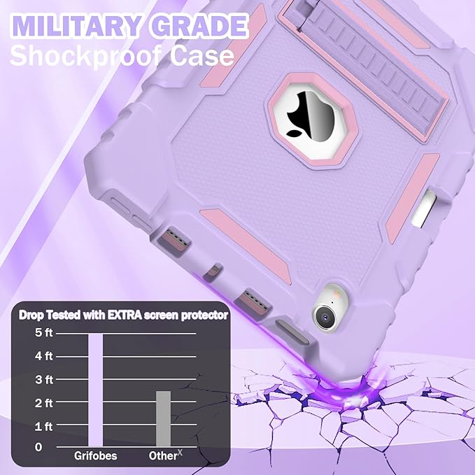 Grifobes Case for iPad Mini 7 (A17 Pro) 2024 / Mini 6 2021 8.3 inch, Heavy Duty Shockproof Rugged Cover with Pencil Holder Stand, for I Pad Mini 7th/6th Gen 8.3" Case for Kids Girl (Purple)