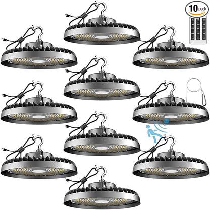 Smart 200W LED High Bay Light 30000LM 5000K UFO High Bay Lighting Motion Activated High Bay LED Lights AC100-277V for Warehouse Barn Remote Included- 10Pack