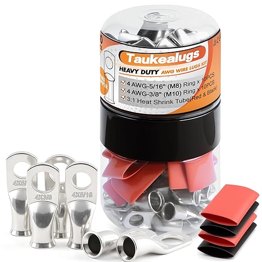 20PCS 4 AWG 5/16 3/8 inch Battery Cable Lugs,4 gauge Tinned Copper Crimp Connector Ring Terminal Wire Ends with 20pcs 3:1 Adhesive Heat Shrink Tubing in Dual-neck bottle