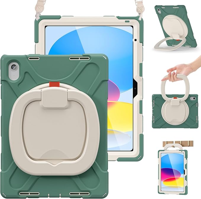 BRAECN Case for iPad (A16) 11th/10th Generation 11”/10.9'' 2025/2022-Heavy Duty Rugged Silicone Cover with Pencil Holder/Rotating Handle Grip/Stable Kickstand/Adjustable Shoulder Strap, Emerald Green