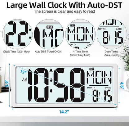 XREXS Large Digital Wall Clock Battery Operated with Backlight, 15" LED Large Display Timer with Temperature Date Week Auto DST Adjustable Brightness, Alarm Clock for Classroom, Livingroom, Office