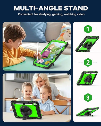 Cantis Case for iPad 11-inch (A16) 2025/ iPad 10th Generation 2022 (10.9 inch) with Screen Protector, iPad 11th Case with 360 Degree Rotating Stand/Shoulder Strap/Pencil Holder, Black+Green