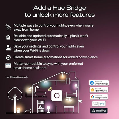 Philips Hue Smart LED A19 Bulb, White & Color Ambiance, E26 Base, 7.2W, Full Spectrum Light 1000K-20000K, 810 Lumens, Dimmable LED Bulbs, Works with Alexa, Google,& Apple Home, 3pk