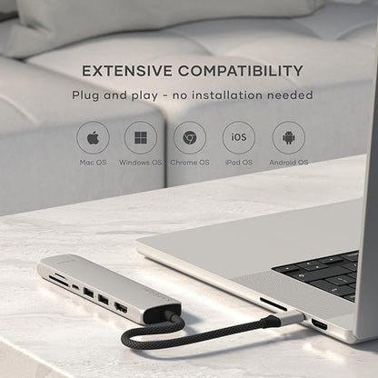 Satechi 7 in 1 USB C Hub Multiport Adapter with Ethernet, HDMI 4K@60Hz, 100W PD Charging, 2X USB-A Data Ports, Micro/SD Card Readers for MacBook Air/Pro M5/M4, iPad, Windows - Silver