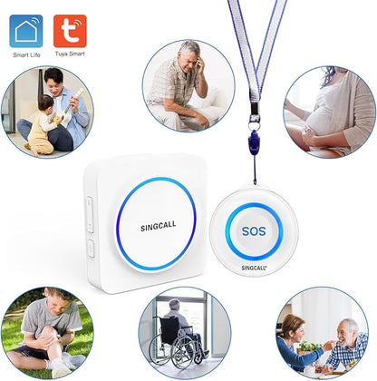 SINGCALL Tuya WiFi SOS Wireless Calling Caregiver Pager System Calling Alert System for Patients Seniors Elderly Disabled 1 Plugin Receiver 1 Smart Emergency Call Button (only Supports 2.4GHz Wi-Fi)