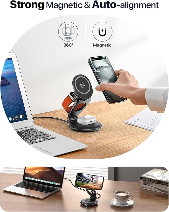 EXW Travel Charging Station for Magsafe Charger,Wireless Charging Station for Apple Multiple Devices,Magnetic Foldable Charger for iPhone 16-12 Series for Apple Watch & AirPods(30W Charger Included)