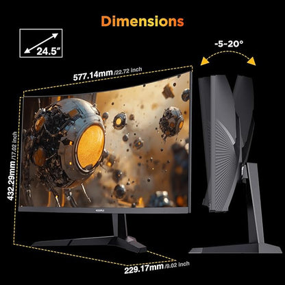 KOORUI 25 Inch Curved Gaming Monitor 240Hz FHD 1080P Computer Monitor, 1500R 1ms MPRT Display, Adaptive Sync, 90% DCI-P3,HDR, Eye Care, Tilt Adjustable, VESA 75x75mm, Black,G2511XC