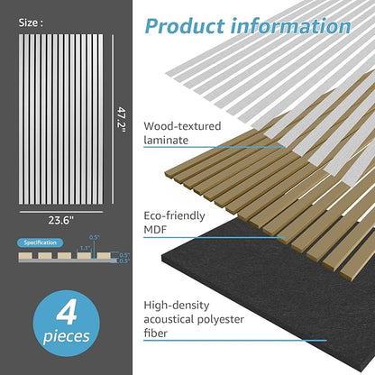 Art3d 4 Wood Slat Acoustic Panels for Wall and Ceiling - 3D Fluted Sound Absorbing Panel with Wood Finish - Brushed Silver