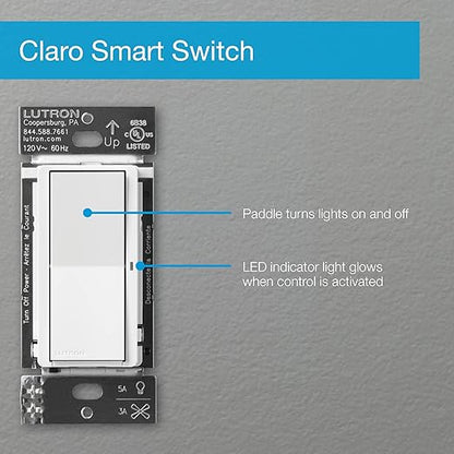 Lutron Claro Smart Light Switch for Caseta Lighting, for LED Lights, Fans, 5 Amp, Single-Pole/3-Way, Neutral Required, DVRF-5NS-BR, Brown