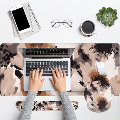 Britimes Brown Boho Tribal Flower Keyboard Mouse Pad Set 4in1 Large Mousepad+Keyboard Wrist Rest+Mouse Wrist Rest+Coaster Set with Ergonomic Design for Home Office Computer 35.4x15.7 inches